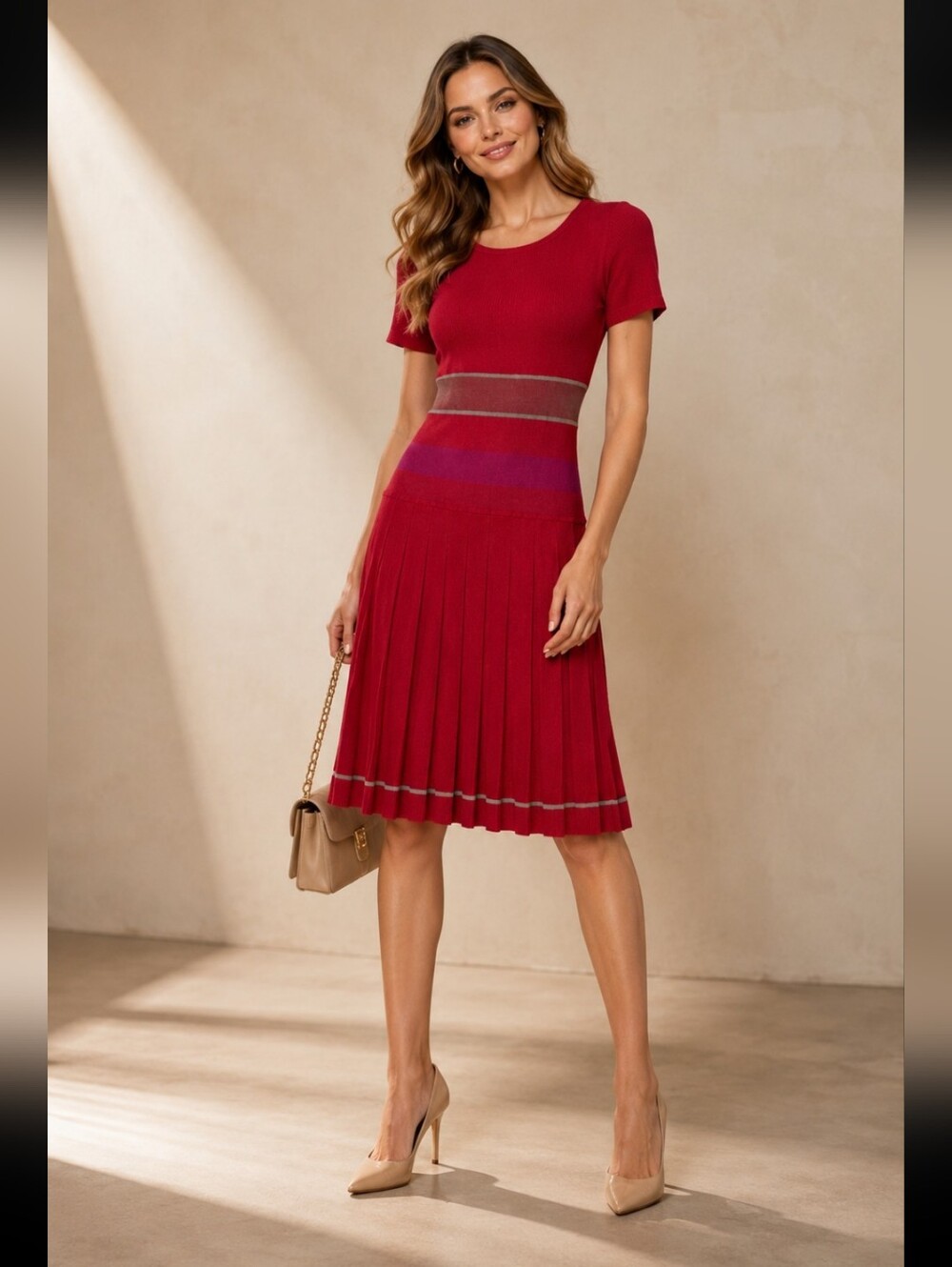 St. John Short-Sleeve Pleated Midi Dress with Stripe Accents